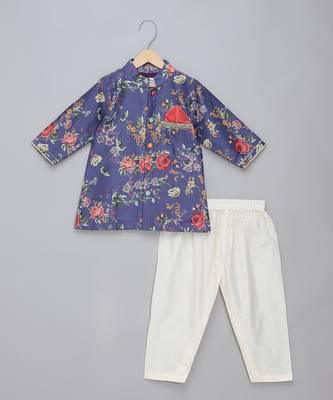 Purple printed cotton silk father son kurta combo set 3