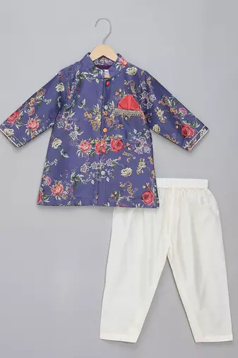 Purple printed cotton silk father son kurta combo set