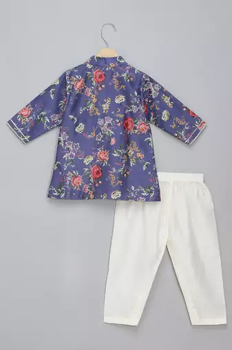 Purple printed cotton silk father son kurta combo set
