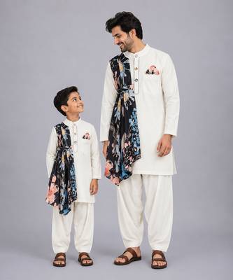 Off white printed cotton silk father son kurta combo set 1