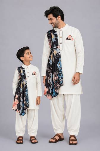 Off white printed cotton silk father son kurta combo set