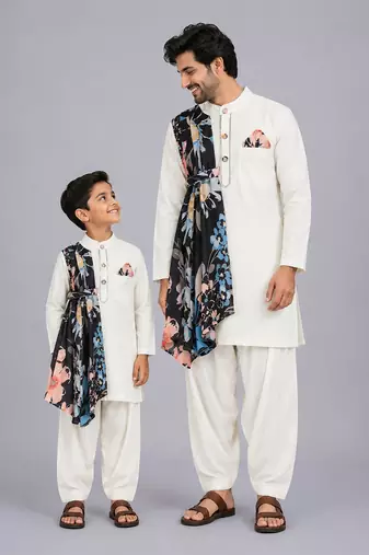 Off white printed cotton silk father son kurta combo set