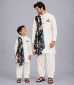 Off white printed cotton silk father son kurta combo set