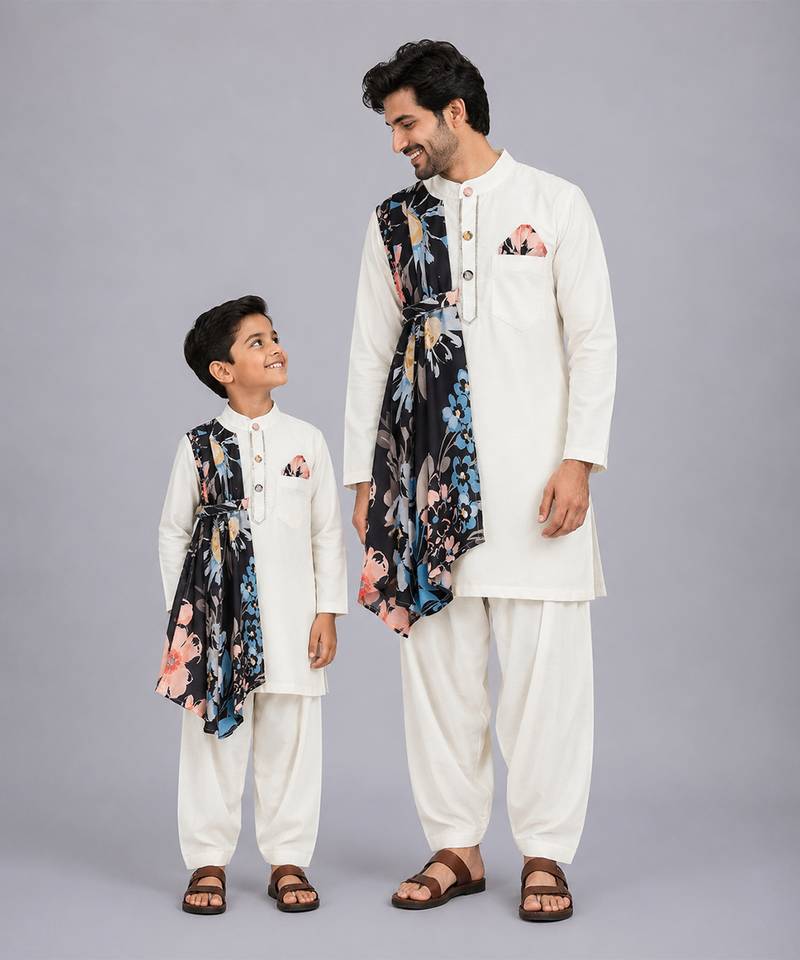 Off white printed cotton silk father son kurta combo set