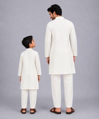 Off white printed cotton silk father son kurta combo set 2