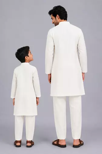 Off white printed cotton silk father son kurta combo set