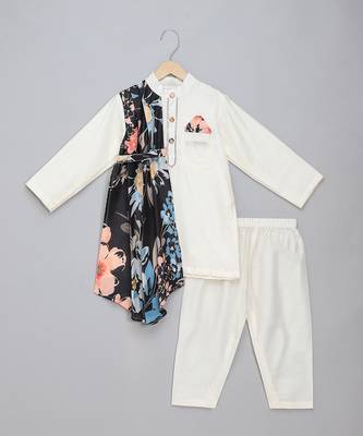 Off white printed cotton silk father son kurta combo set 3