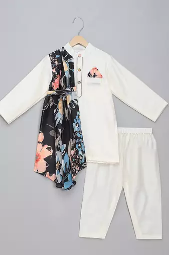 Off white printed cotton silk father son kurta combo set