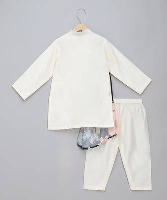 Off white printed cotton silk father son kurta combo set 4