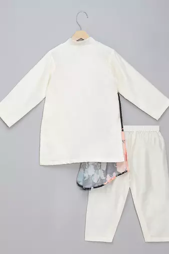 Off white printed cotton silk father son kurta combo set