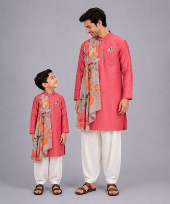 Coral pink printed cotton silk father son kurta combo set 1