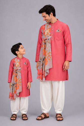 Coral pink printed cotton silk father son kurta combo set