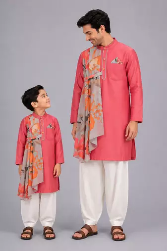 Coral pink printed cotton silk father son kurta combo set