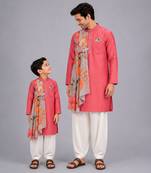 Coral pink printed cotton silk father son kurta combo set