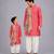 Coral pink printed cotton silk father son kurta combo set