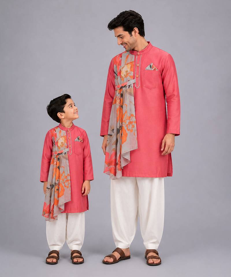 Coral pink printed cotton silk father son kurta combo set