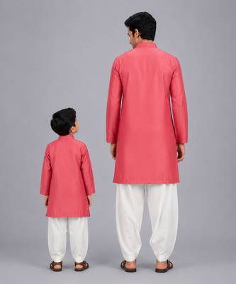 Coral pink printed cotton silk father son kurta combo set 2