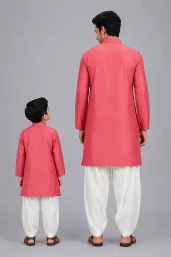 Coral pink printed cotton silk father son kurta combo set