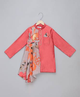 Coral pink printed cotton silk father son kurta combo set 3