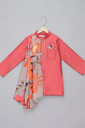 Coral pink printed cotton silk father son kurta combo set