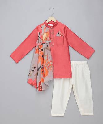 Coral pink printed cotton silk father son kurta combo set 4