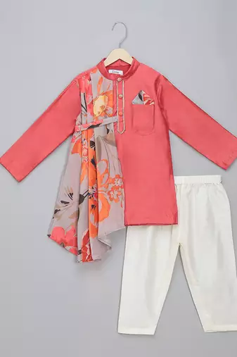 Coral pink printed cotton silk father son kurta combo set