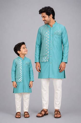 Blue cotton silk attached half jacket father son kurta combo set