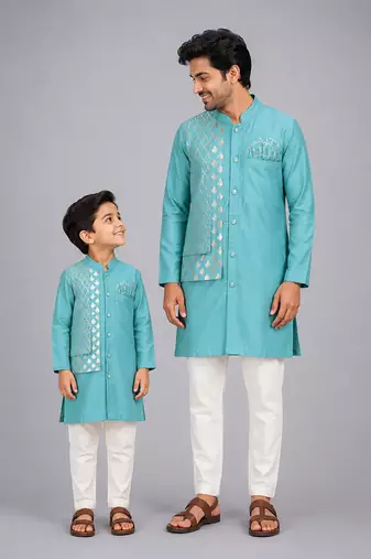 Blue cotton silk attached half jacket father son kurta combo set