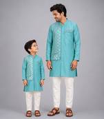Blue cotton silk attached half jacket father son kurta combo set