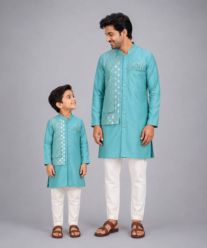 Blue cotton silk attached half jacket father son kurta combo set