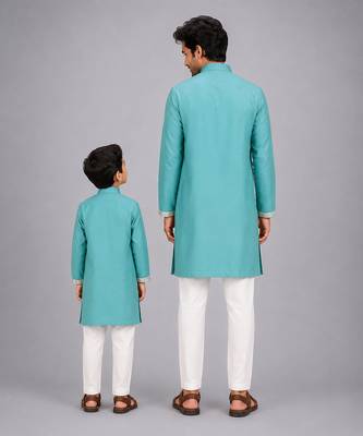 Blue cotton silk attached half jacket father son kurta combo set 2