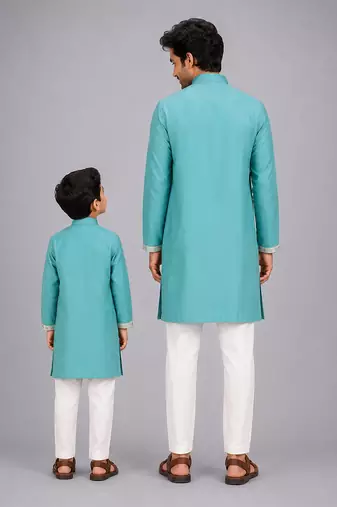 Blue cotton silk attached half jacket father son kurta combo set