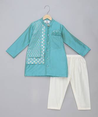 Blue cotton silk attached half jacket father son kurta combo set 3