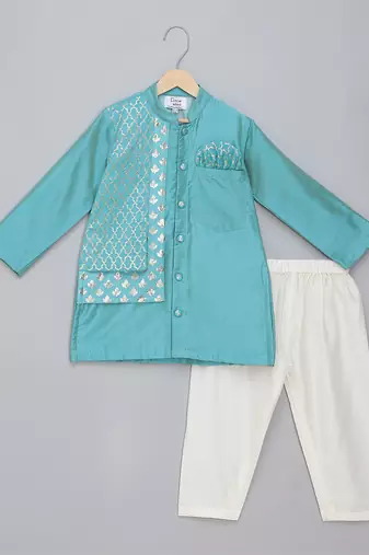 Blue cotton silk attached half jacket father son kurta combo set