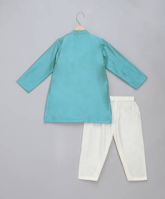 Blue cotton silk attached half jacket father son kurta combo set 4