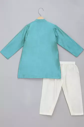 Blue cotton silk attached half jacket father son kurta combo set