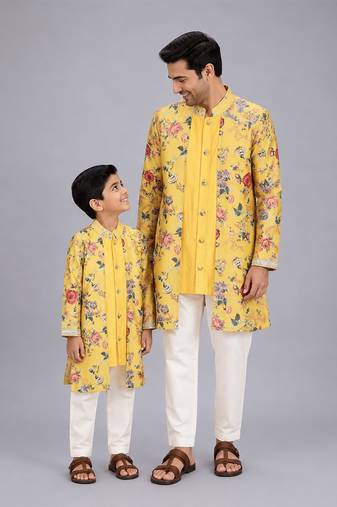 Mustard yellow floral printed cotton silk father son kurta combo set