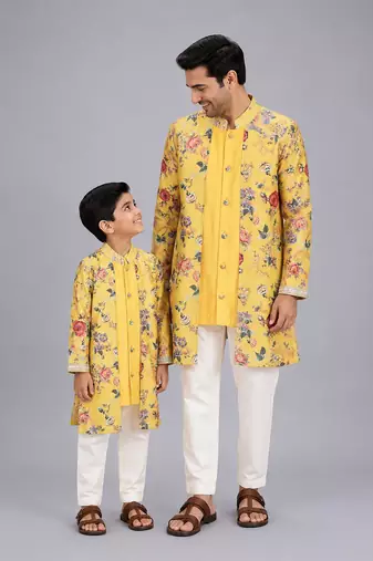 Mustard yellow floral printed cotton silk father son kurta combo set