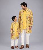 Mustard yellow floral printed cotton silk father son kurta combo set