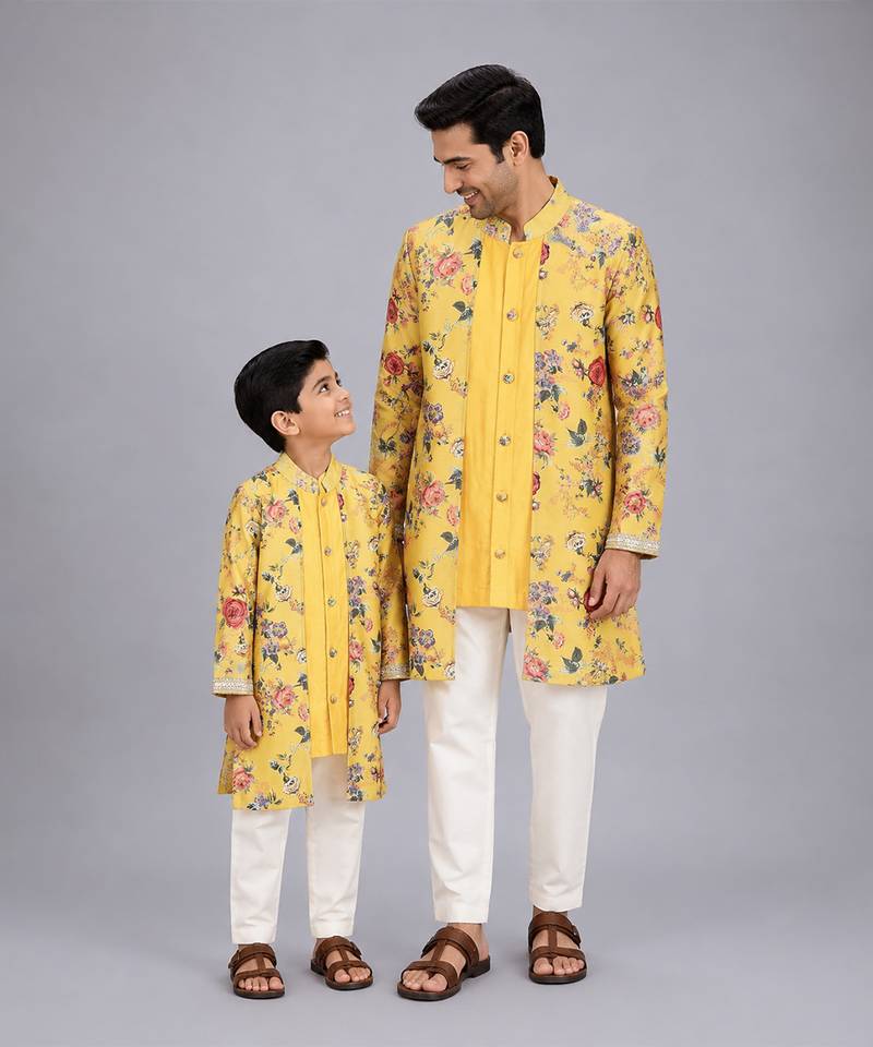 Mustard yellow floral printed cotton silk father son kurta combo set