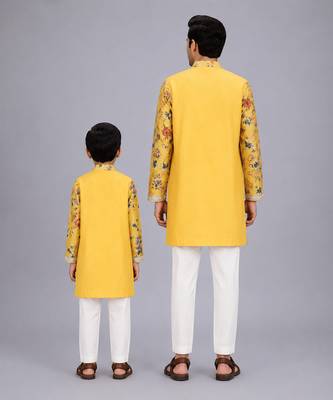 Mustard yellow floral printed cotton silk father son kurta combo set 2