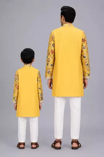 Mustard yellow floral printed cotton silk father son kurta combo set