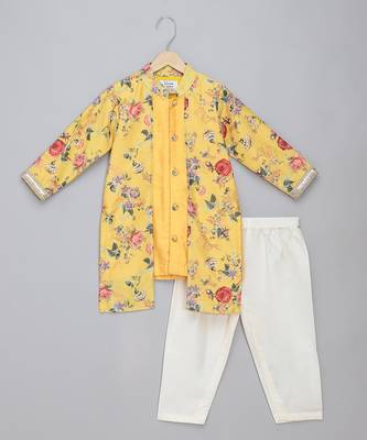 Mustard yellow floral printed cotton silk father son kurta combo set 3