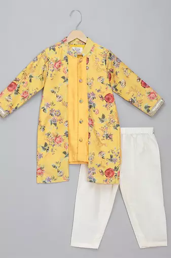 Mustard yellow floral printed cotton silk father son kurta combo set
