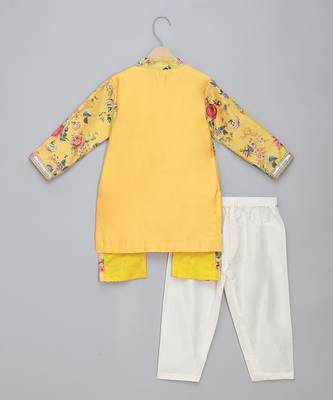 Mustard yellow floral printed cotton silk father son kurta combo set 4