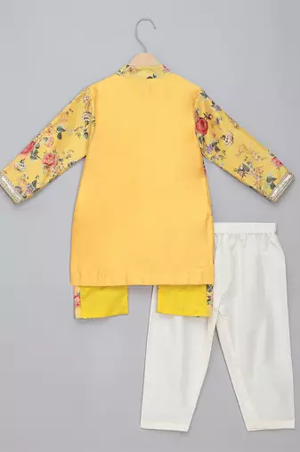 Mustard yellow floral printed cotton silk father son kurta combo set