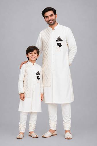 White embroidered cotton silk father son bandhgala combo set