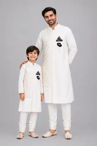 White embroidered cotton silk father son bandhgala combo set