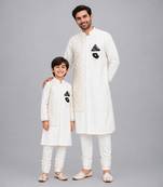 White embroidered cotton silk father son bandhgala combo set