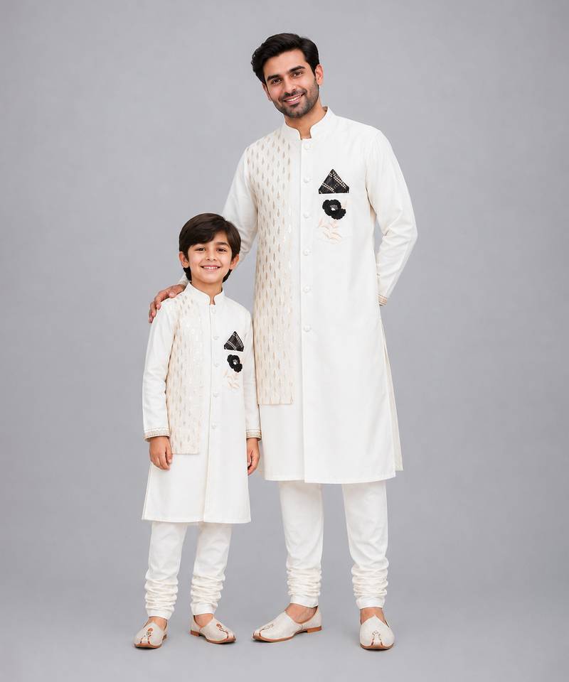 White embroidered cotton silk father son bandhgala combo set